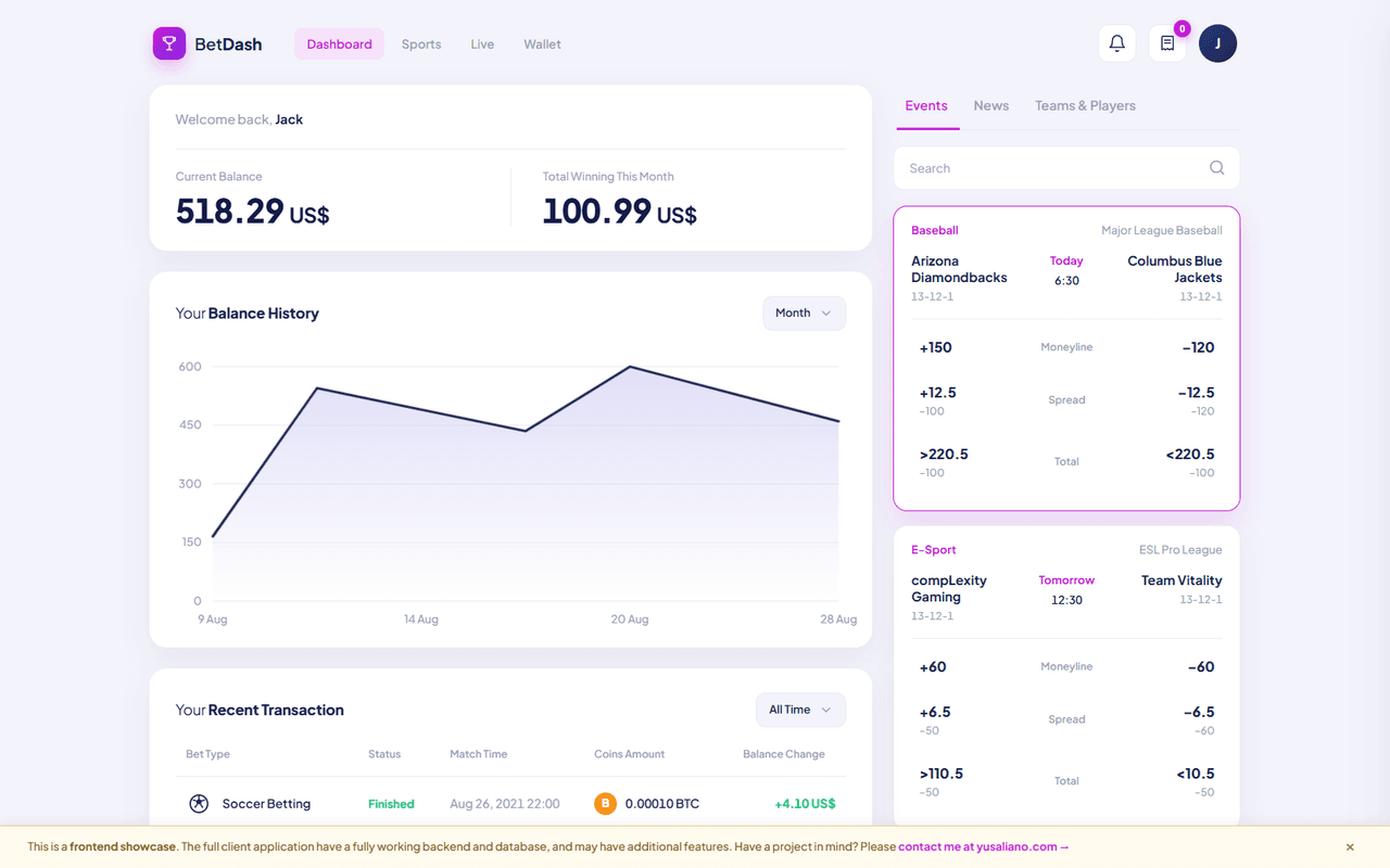 BetDash dashboard with balance, balance-history chart, and live odds board
