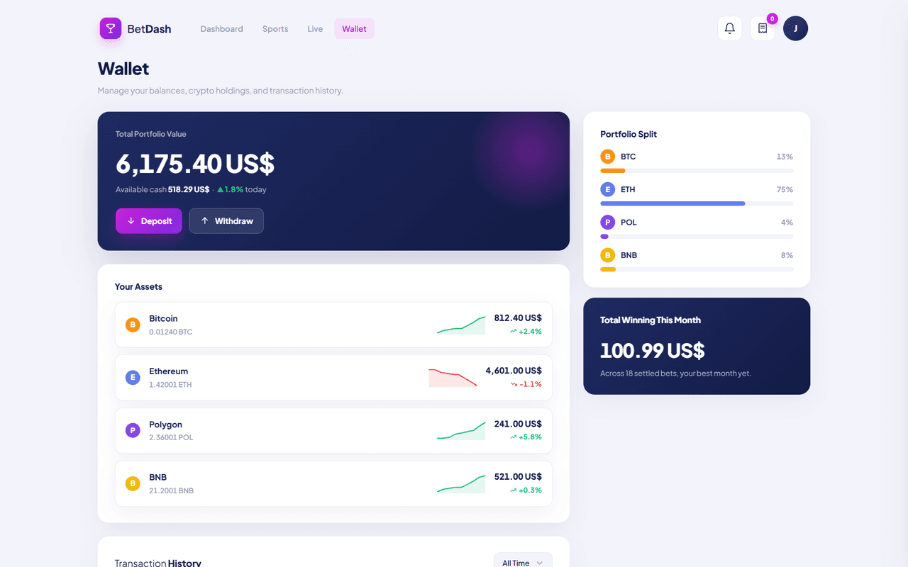 BetDash crypto wallet page