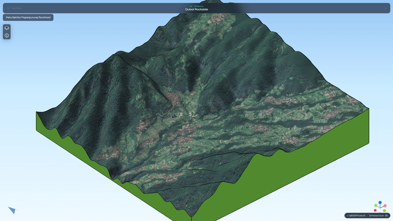 Dubai Rockside 3D terrain rendered in the browser with elevation overlays