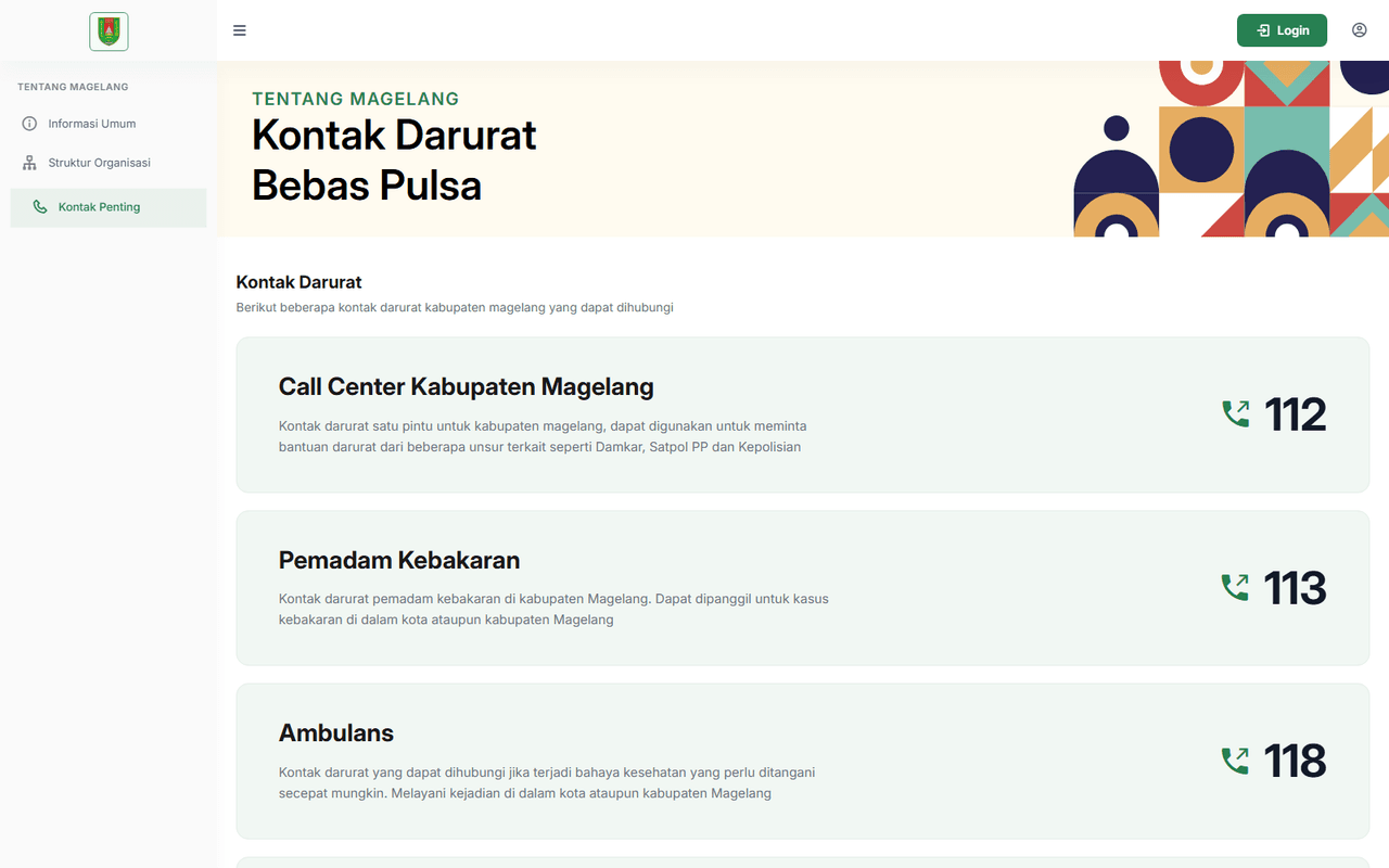 Magelangkab Website emergency contacts (Kontak Penting) page