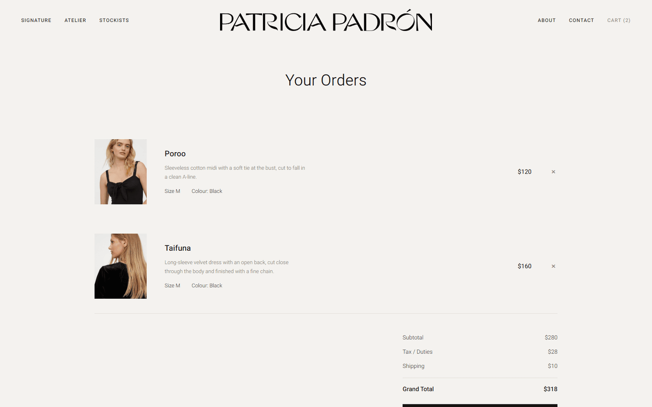 Patricia Padron shopping cart page